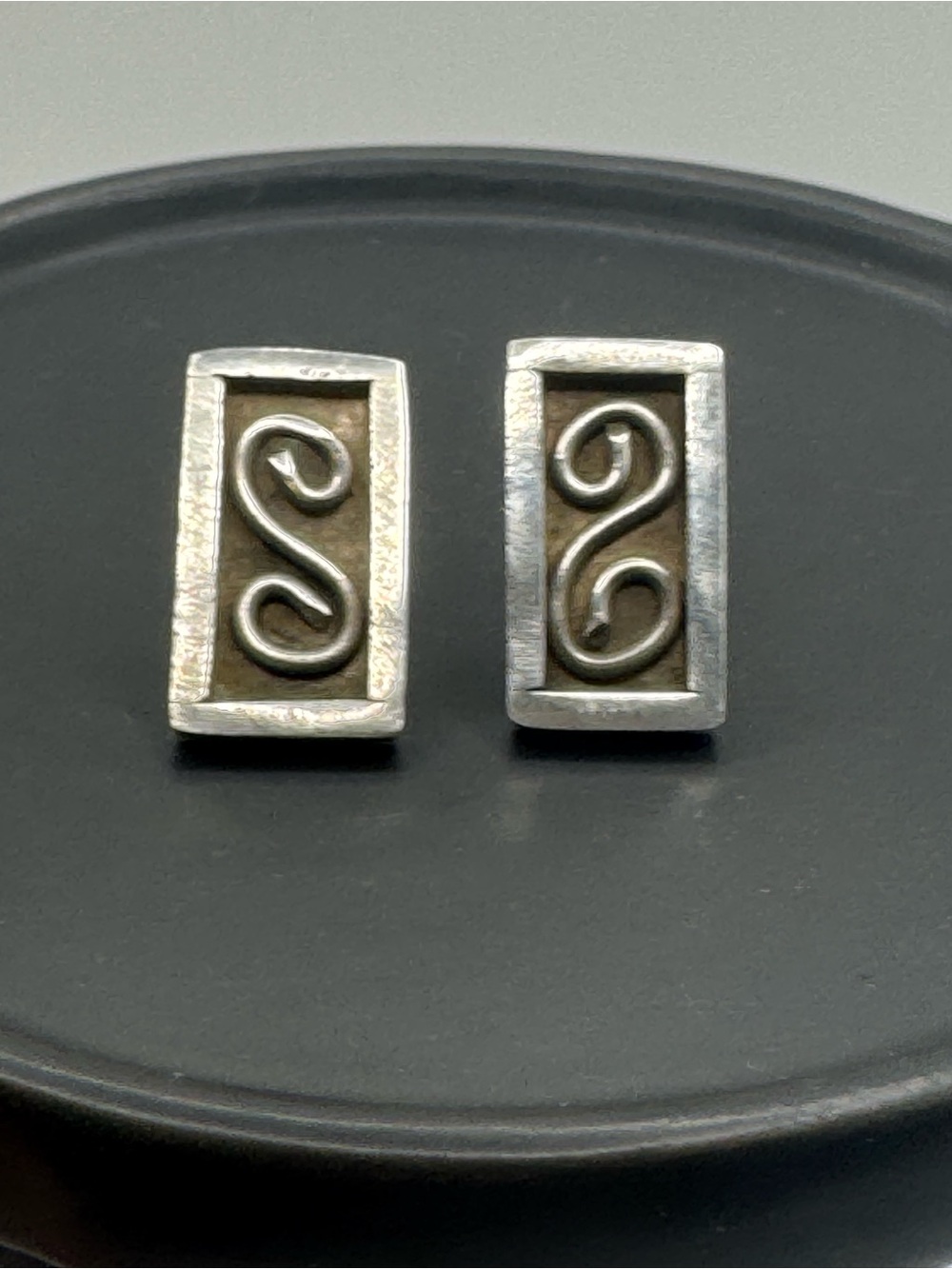 Handcrafted Sterling Silver Rectangular Scroll Stud Earrings
